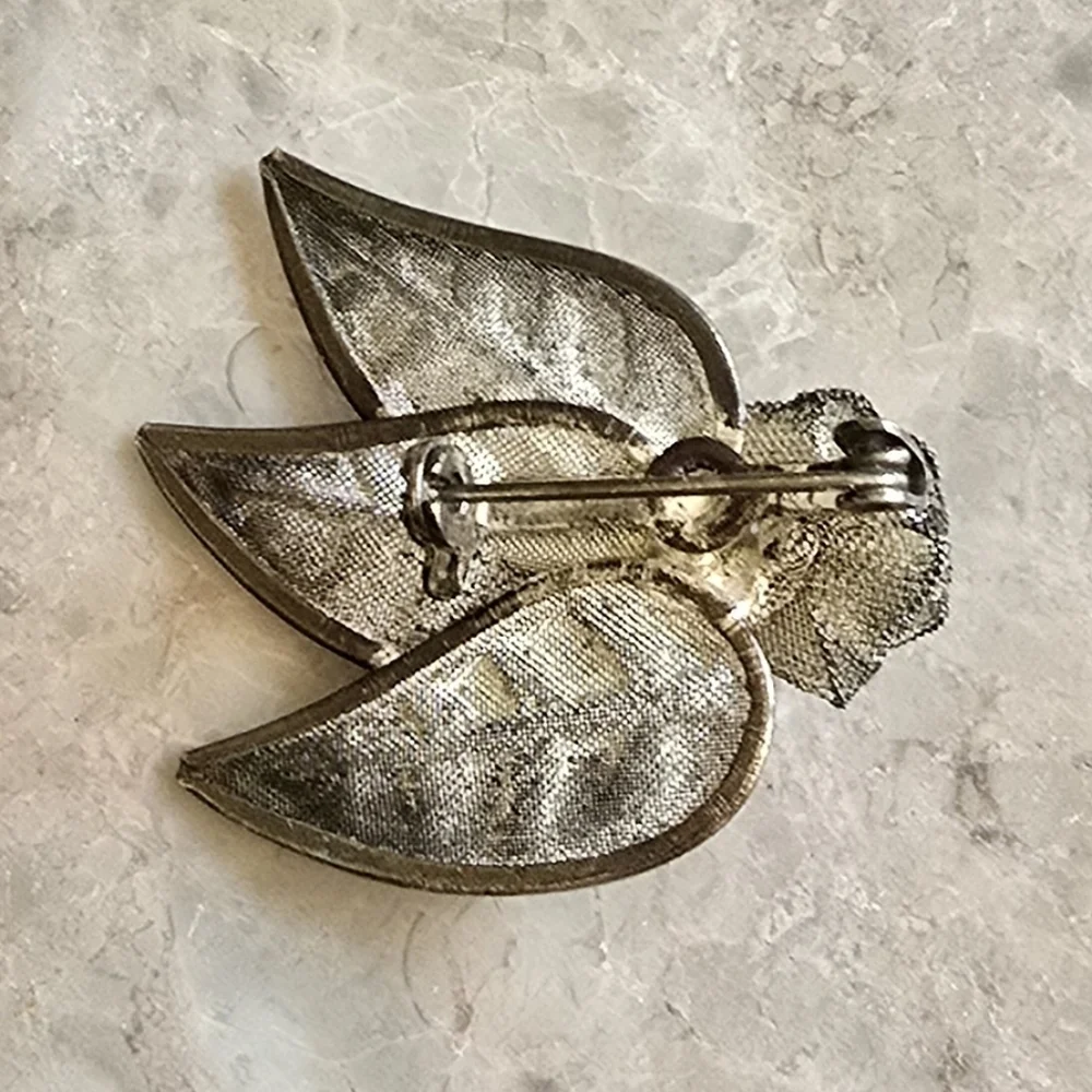 Vintage rose flower leaves‎ pin brooch silver tone mesh metal rustic retro